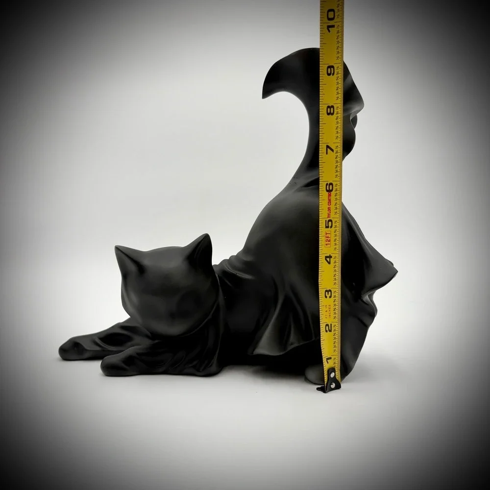 Black Ghost Cat Statue Whimsical Stretching Tail Upwards Decorative Figure
